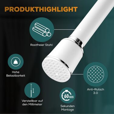 Штанга для штор Ø 32 мм, без свердління - для душу, вікна, кімнати, кухні (270-320 см, Біла)