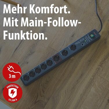 Мережевий фільтр Brennenstuhl Secure-Tec 8-фазний з захистом від перенапруги та функцією Main Follow, антрацит