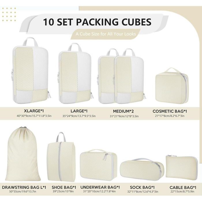Органайзер для валізи Avmvnvc, набір з 10 штук: пакувальні куби для одягу, компресійні мішечки, органайзер для подорожей з косметичкою, для рюкзака та валізи, чорний (бежевий)