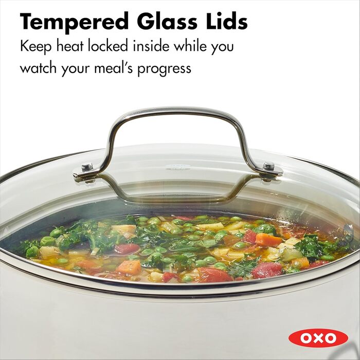 Набір кухонного посуду OXO Agility Tri-Ply з нержавіючої сталі, 13 предметів: каструлі, сковорідки, суповарка. Сумісний з індукцією, антипригарне покриття без PFAS, рівномірний нагрів, 5.7 л, нержавіюча сталь