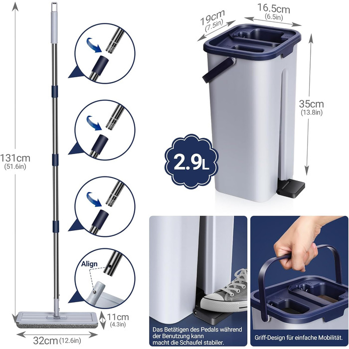 Набір для миття підлоги MASTERTOP з відром, моп з нержавіючою ручкою та 3 насадками, 2 в 1 набір відр та мопа, плоский моп з функцією віджиму для ламінату, плитки, твердої підлоги (Бежевий) (Набір для миття підлоги з відром: Сірий+Блакитний)