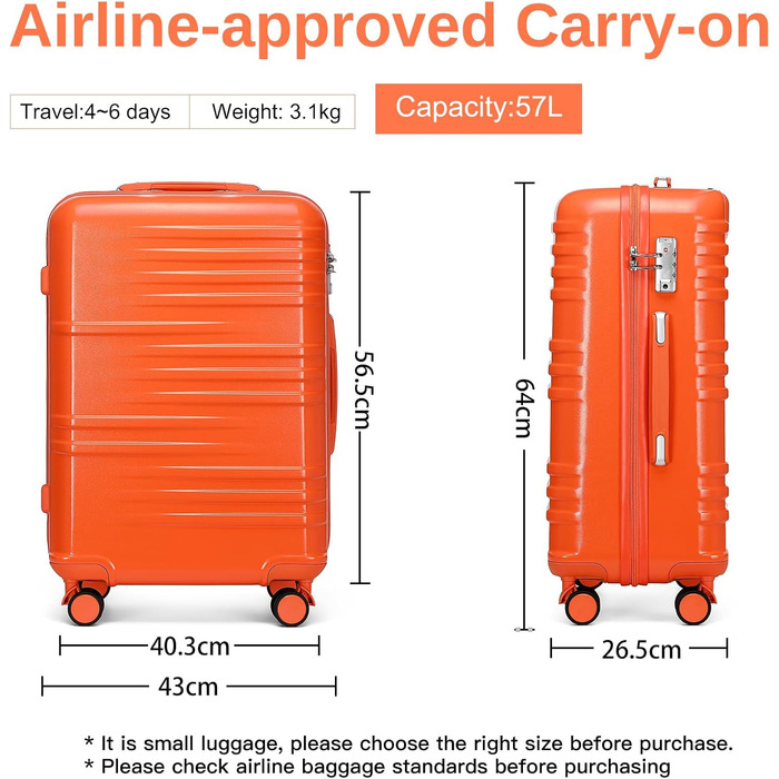 Чемодан British Traveller для ручної поклажі, середній, 64*43*26.5 см, з TSA-замком, ABS+PC, помаранчевий