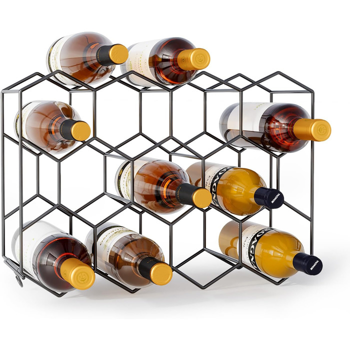 Urban Deco Wine Rack for 14 Bottles made of Metal, Bottle Rack Black with 2 Hooks for 2 Wine Glasses, Small Wine Rack for Kitchen, 43 x 13.6 x 31 cm