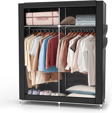 INTIRILIFE Folding Wardrobe 108x170x45 cm in Raven BLACK - Fabric Clothes Closet with Zipper and Clothes Rail, Side Pocket and Compartments - Shelf Unit, Metal Frame, Storage