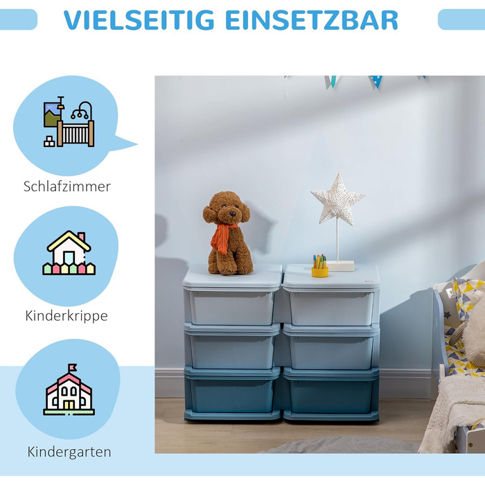 HOMCOM Kids' Storage Chest with Drawers, Toy Organizer, Toy Box, Three Tiers for Children's Room, 3-6 Years, Kids' Furniture, 37 x 37 x 56.5 cm (75L x 37W x 56.5H cm, Blue)