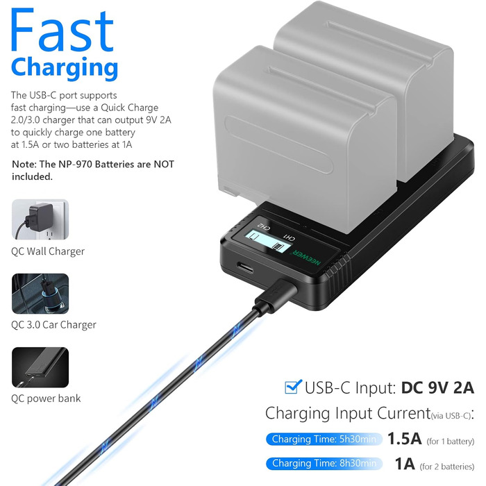 Зарядний пристрій NEEWER Dual USB для акумуляторів Sony NP-F серії (F970, F960, F950, F930, F770, F750, F570, F550) з LCD-дисплеєм, швидка зарядка, 2 канали