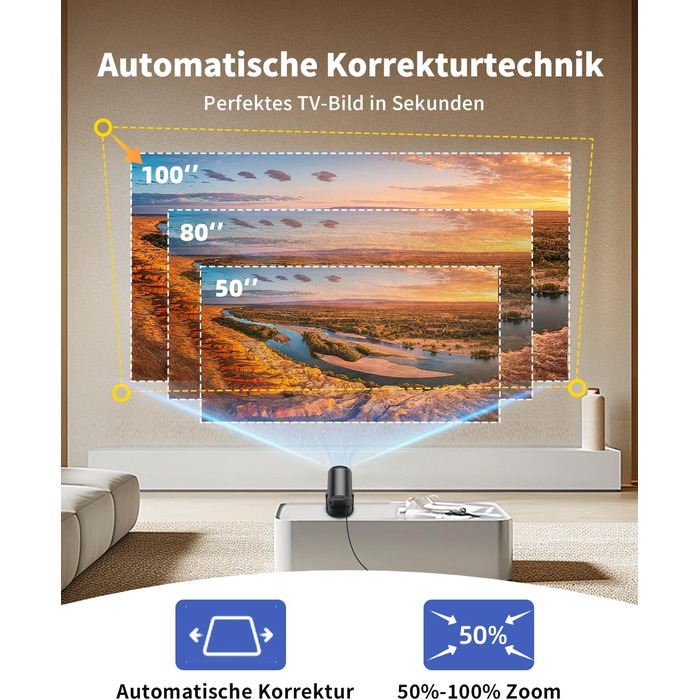 Портативний проєктор Yoton Mini Beamer Wi-Fi6/Bluetooth 5.4 з бездротовою трансляцією екрану (Android/iOS), підтримка 1080P, автоматична корекція трапецеїдальних спотворень, HDMI, Native 720P, білий (чорний)