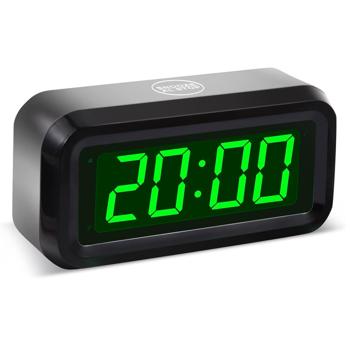 Цифровий годинник-будильник Timegyro з LED-дисплеєм, портативний для подорожей, настільний, з регулюванням яскравості, великий LED-дисплей 1.2' для спальні, вітальні, чорно-зелений
