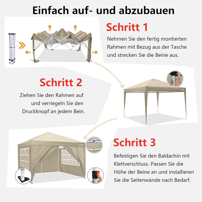 COBIZI Gazebo 3x3 Waterproof Folding Gazebo with 4 Side Walls Outdoor Folding Gazebo Stable UV Protection 50+ Pop-Up Garden Gazebo Party Tent for Outdoors, Garden, Party, Wedding, Market (Khaki, 3x3m)