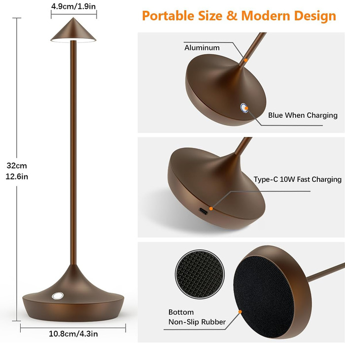 Набір з 2-х бездротових LED настільних ламп Hapfish з акумулятором, диммер, алюміній, водонепроникні, для дому, тераси, ресторану (Коричневий)
