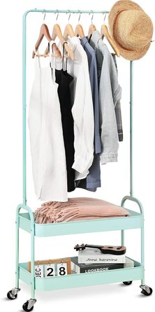 Clothes Rack Coat Stand, Clothes Rail Wheels, Bedroom Clothes Rack, Freestanding Shelf Cart 2 Tier Storage Shelf, Heavy-Duty Rolling Cart Utility Cart Green, WK830503-GN