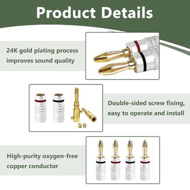 8 шт. бананові конектори 24K позолота для акустичних кабелів, Hi-Fi аудіо, домашній кінотеатр, 4 червоні, 4 чорні, сумісні з кабелями 0.75 мм - 4 мм
