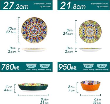 Tableware service for 6 people, vancasso simi 24-piece combination tableware set made of porcelain, dinnerware set with dinner plates, dessert plates, soup plates, and bowls, Bohemian style 24-piece tableware service