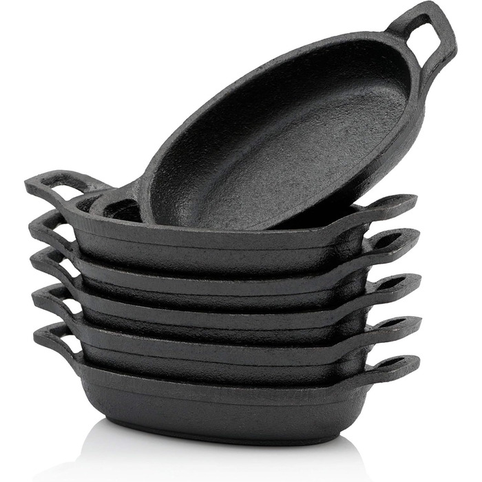 Набір овальних чавунних сковорідок BBQ-Toro 20x9,5 см, 6 шт, для гриля та сервірування, вже прожарені