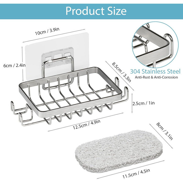 Набір з 2 шт. тримач для мила з нержавіючої сталі 304, для душу та ванної кімнати, кріплення без свердління, з гачком та підставкою для мила, срібний колір