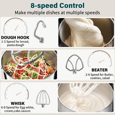 Планетарний міксер Vospeed для замісу тіста 5QT, кухонна машина з чашею з нержавіючої сталі, 8 швидкостей, набір насадок (гак, вінчик, міксер), синій