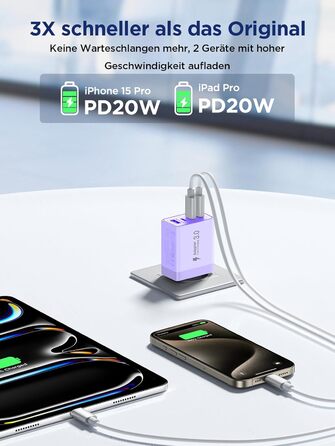 Двопакет USB-C зарядний пристрій Aioneus 4 порти з USB-C та USB-A, 40W швидка зарядка PD 3.0, блок живлення для iPhone 16 15 14 Pro Max 13 12 11 SE 2020 XS, Samsung, телефонів, фіолетовий