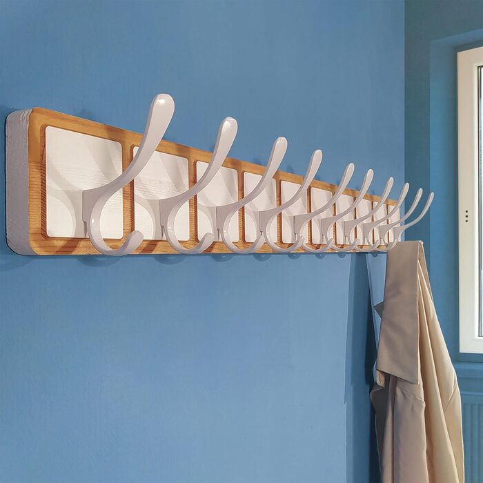 SKOLOO Coat Rack Wood - 44cm, Engraved Design, Sturdy Wall Hooks with 6 Hooks, for Hanging Clothes, Coats, Hats, Jackets, Scarves, Backpacks, Hook Rail Wood All White