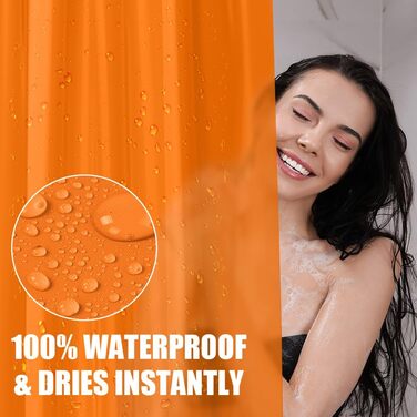 Шторка для душу URAQT, антибактеріальна, водонепроникна, швидковисихаюча, PEVA, 180x180 см, 12 прищіпок, білий/оранжевий