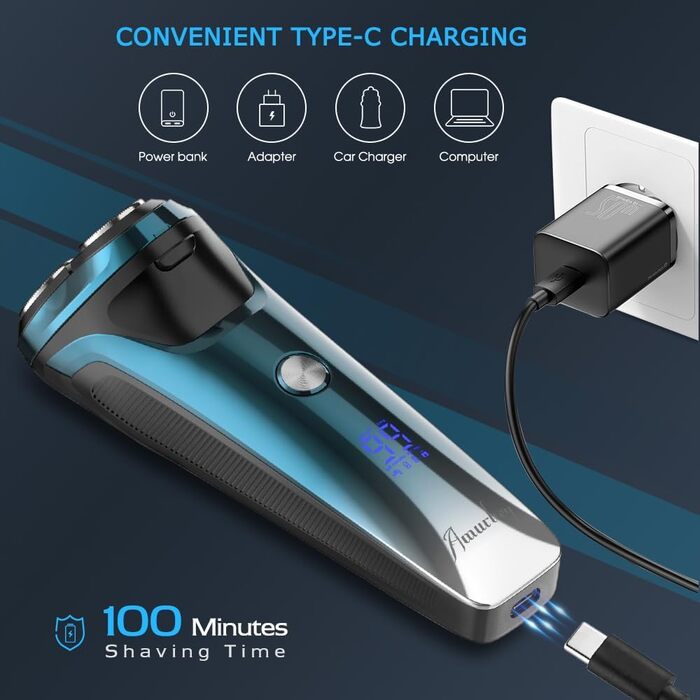Електричний чоловічий бритва з тримером, USB-C, 120 хв роботи (блакитний)
