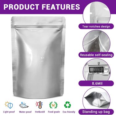 Mylar bags with oxygen absorbers for food, 43.5 x 71 cm, 25 x 35 cm, 1 Quart 15 x 22 cm, 8.6 Mil, Mylar bags with oxygen absorber 23000cc + Labels, vacuum sealer bags (50 pieces)