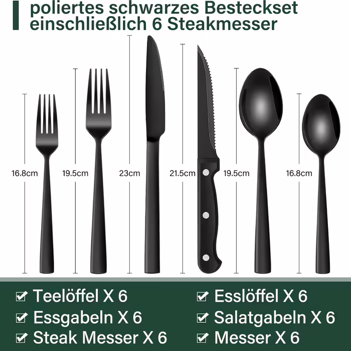 36-Piece Stainless Steel Cutlery Set with Steak Knives Black, Cutlery Set for 6 People, Elegant Dining Cutlery Set with Knife, Fork, and Spoon, Table Cutlery for Home/Party/Restaurant, Dishwasher Safe