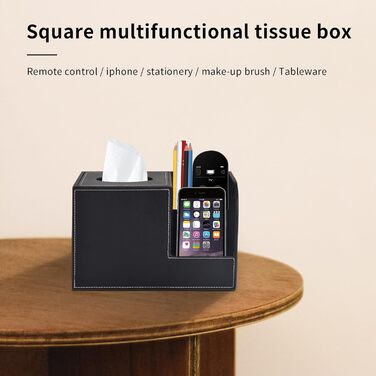 Організатор для серветок з шкіри, коробка для тканинних серветок, квадратна, з тримачем для пульта, чорний