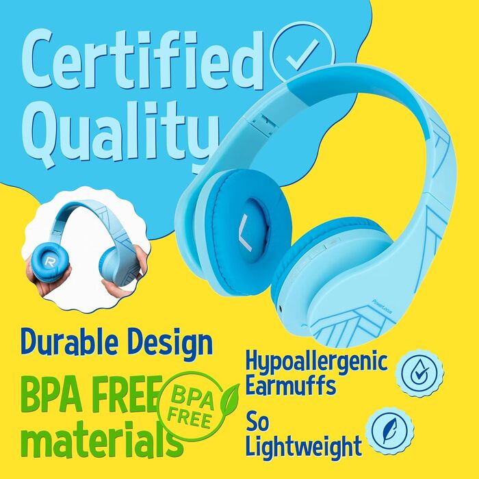 Дитячі навушники PowerLocus Bluetooth з обмежувачем гучності 85dB, складні, з чохлом, Over-Ear, бездротові та з проводами, з мікрофоном, Micro-SD, для телефону, ПК, планшета, блакитні