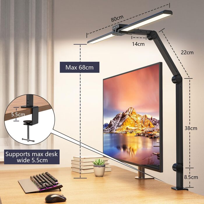 LED лампа для столу KableRika 24W з двома головками, регулювання яскравості, 1200lm, захист очей, для офісу та дому, чорна