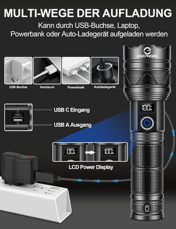 LED ліхтарик Esgreen 500000 люменів - тактичний, потужний, з USB-C, зумом, 5 режимів, для кемпінгу та безпеки