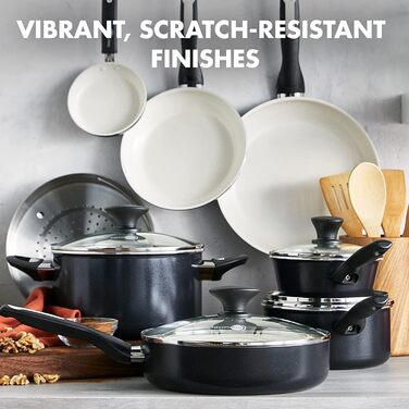 GreenPan Rio Healthy Ceramic Non-Stick 16-Piece Cookware Set with Frying Pans, Sauce Pans, PFAS-Free, Stay-Cool Handle, Oven Safe up to 160°C, Dishwasher Safe, Black & Crème Cookware Set 16-Piece Black & Crème