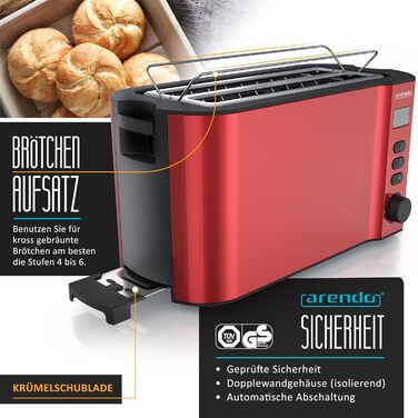 Тостер Arendo з нержавіючої сталі, 4 слоти, подвійні стінки, підставка для булочок, 6 ступенів підсмажування, центрування хліба, автовимкнення, дисплей з таймером