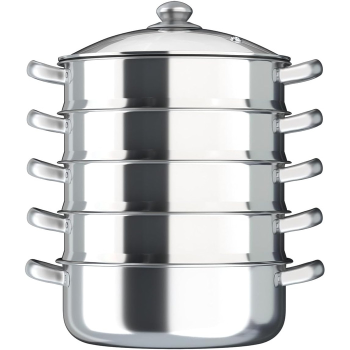 П'ятиповерховий паровар з каструлею для мантив, пароварка Mantowarka, 30 см, нержавіюча сталь, скляна кришка