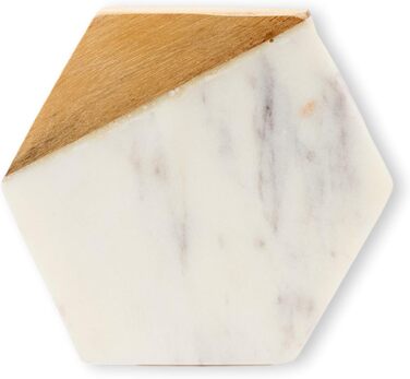 GoCraft Coasters made of marble and mango wood, handcrafted, geometric, white. Marble coasters for drinks, wine glasses, beverages, cocktails, and bar glassware. Elegant home decor (Set of 6)