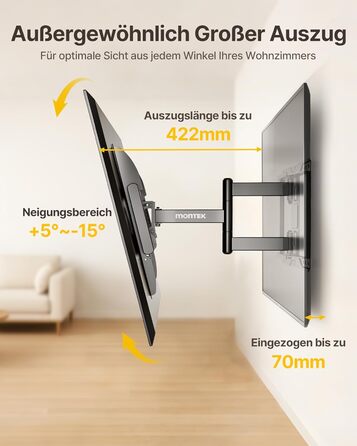 Кріплення для телевізора monTEK Full Motion з регулюванням, 37-84 дюйми, до 50 кг, VESA 600x400 мм, для дерев'яних підставок