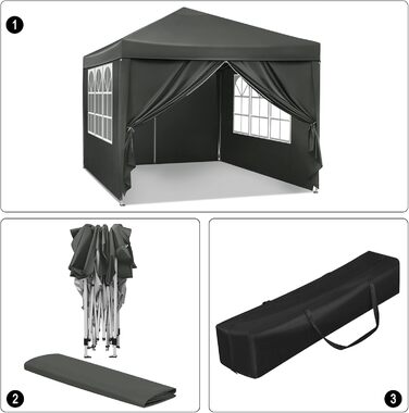 WOLTU Pop-Up Gazebo, Waterproof Folding Pavilion, Sunshade Event Pavilion with Side Walls, Garden Pavilion for Patio, Camping, Festival, Pagoda Tent from Oxford Fabric and Metal Frame, 3 x 3 m (Grey)