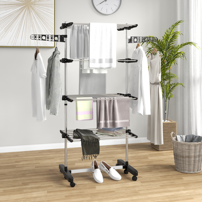 HOMCOM Clothes Drying Rack with Wheels, Clothes Dryer Tower, Stand Dryer with Folding Wing, Clothes Rack for Indoor, Outdoor, Steel 142 x 55 x 172 cm, Black | Aosom