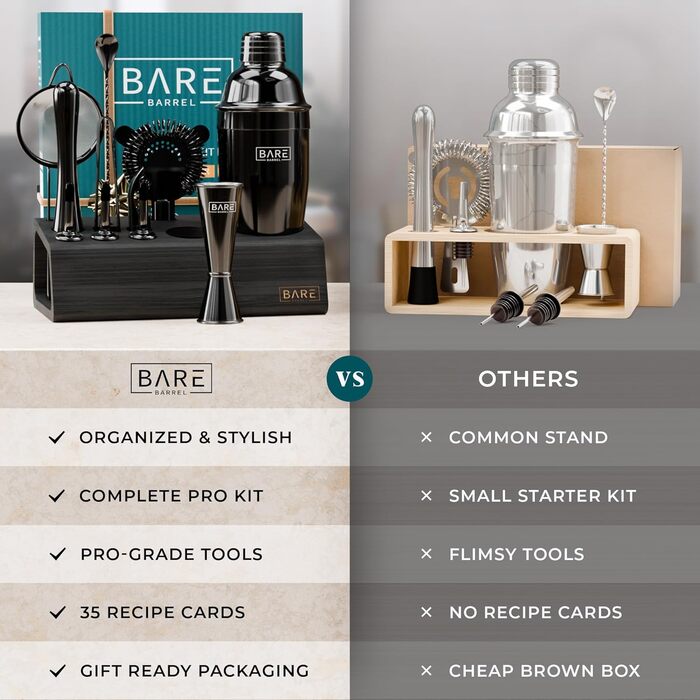 Bare Barrel Pro Cocktail Set - 14-Piece Boston Shaker Set with Stand & Recipe Cards - 24oz Cobbler Shaker