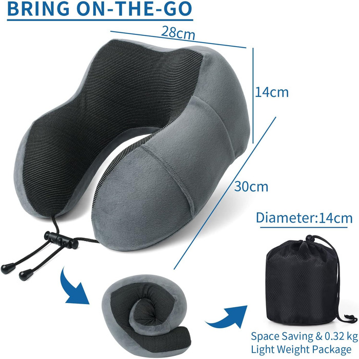 Подушка для шиї у літак - Подушка для подорожей Memory Foam - Подушка-вишенка для дорослих - з 3D-маскою для сну та навушниками - ідеальна для літака, авто, дому, офісу, сіра