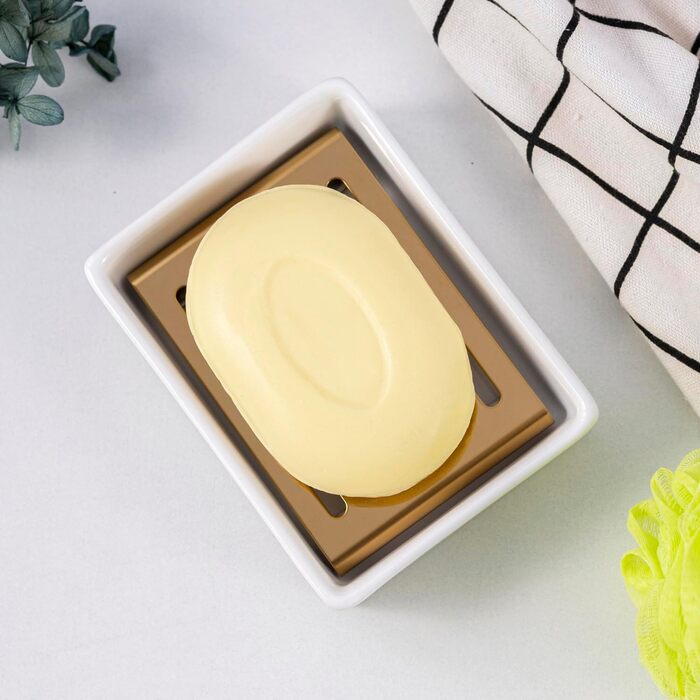 Керамічна мильниця з нержавіючої сталі, подвійна, з піддоном, для ванної кімнати та душу (11,8 x 8,8 x 3 см), золота