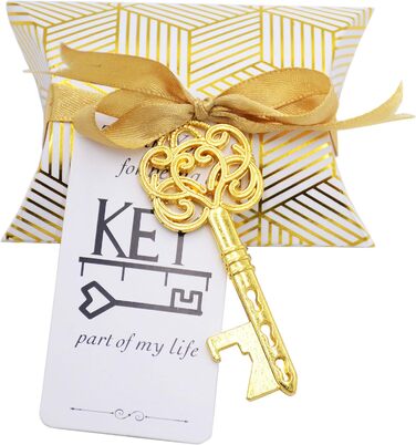 Makhry 50-Piece Vintage Key Bottle Openers Wedding Key Skeleton Key Bottle Openers Wedding Guest Gifts Set with Pillow Boxes and Label (Antique Gold)