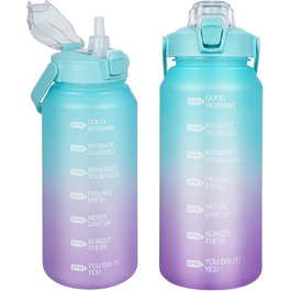 2L Tritan Water Bottle with Straw & Time Marker 2 liter BPA-free Motivational Water Bottle with Clock Large Sports Bottle for Gym, Fitness, Hiking (Cyan / Purple)