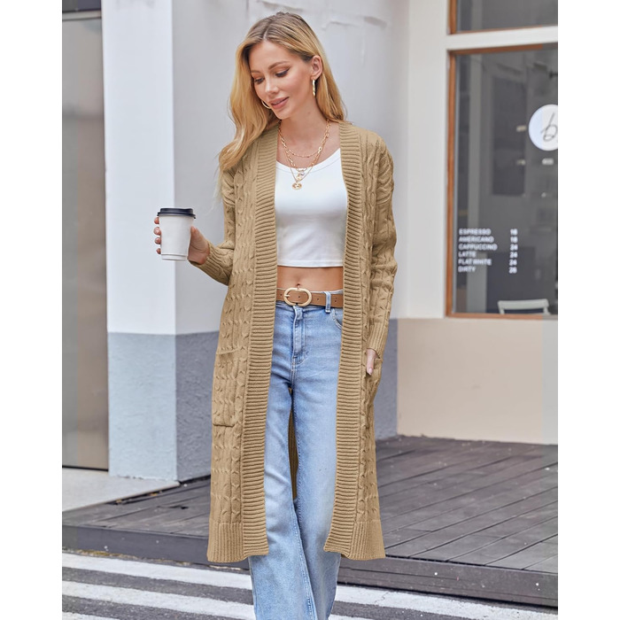 Жіночий в'язаний кардиган Saodimallsu великої в'язки, оверсайз, відкритий спереду, з кишенями, хакі, XL