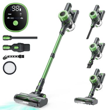 Акумуляторний пилосос 30000 Па, бездротовий пилосос з часом роботи 60 хв, тихий акумуляторний пилосос з LED-дисплеєм/антизаплутувальною насадкою, 450 Вт ручний пилосос для твердих поверхонь, килимів та шерсті тварин