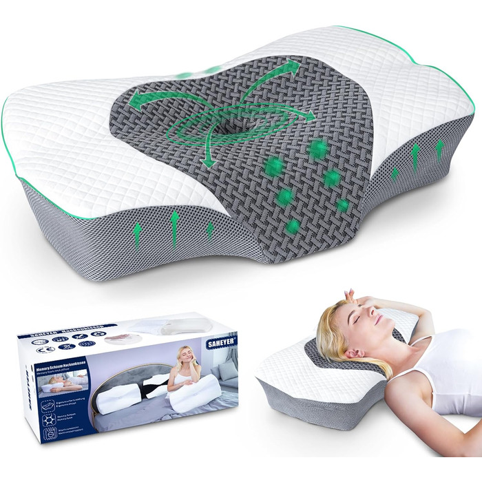 SAHEYER Orthopedic Pillow, Neck Support Pillow, Head Pillow, Ergonomic Neck Pillow, Side Sleeper Pillow 60 x 40 x 13/11 cm Memory Foam Pillow for Side, Back & Stomach Sleepers