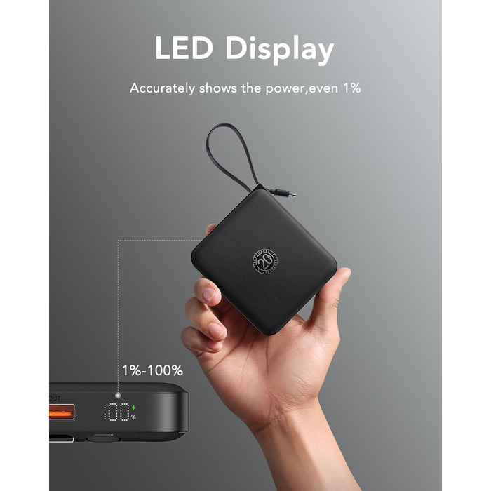 Power Bank VRURC 10000mAh з кабелем: компактний павербанк USB-C, швидка зарядка 22.5W, LED-дисплей, сумісний з iPhone, Huawei (зелений, чорний)