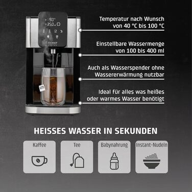 CASE HW 1660 - Turbo Hot Water Dispenser, hot water in seconds (40-100°C), 2600 Watts, extra-large 4-liter water tank, direct selection button for baby food (37°C), energy-saving