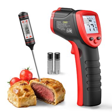 Інфрачервоний термометр Eventek -50°C до 600°C з лазером та LCD дисплеєм. Безконтактний термометр для піци, гриля, приготування їжі та промисловості. Регульований коефіцієнт випромінювання (Не для людей). Червоний з термометром для м'яса 304.