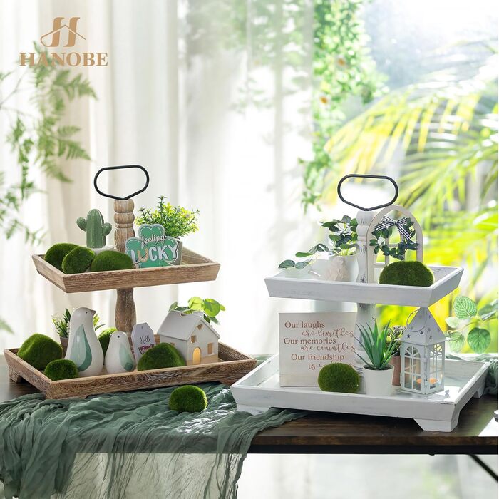 Hanobe Decorative Table Tray Shelving Wood: Brown Wooden Tray Large Rectangular with 2 Tiers Farmhouse Decorative Tray Vintage Shabby Serving Trays for Home Coffee Corner Bathroom