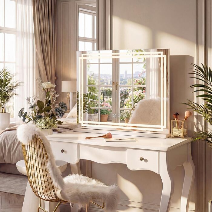 Дзеркало для макіяжу COSTWAY з підсвіткою, 3 режими кольору, 5-кратне збільшення, сенсорне керування та регулювання яскравості, поворотне на 360°, 58x48 см